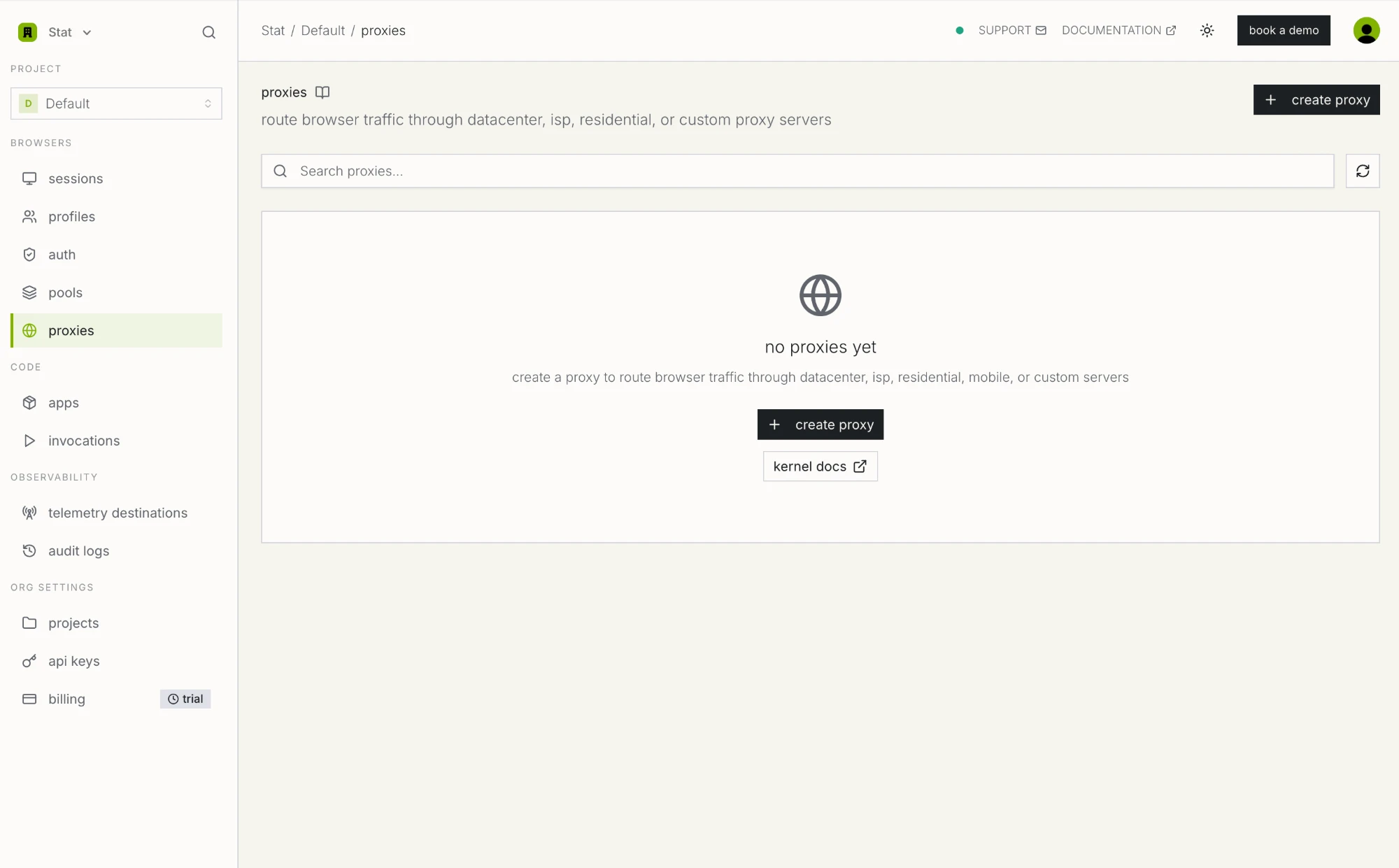 The Kernel dashboard proxies page in its empty state, with a create proxy button